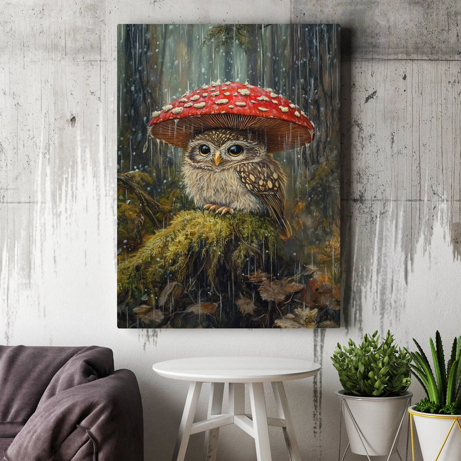Baby Owl Mushroom Umbrella Canvas Wall Art | Whimsical Forest Animal Print | Premium Gallery-Wrapped Print | Cute Cottagecore Nursery Gift