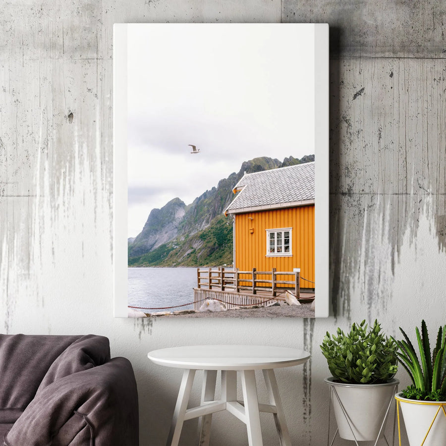 Yellow Cabin Canvas Wall Art | Scenic Norwegian Fjord Landscape Photography | Premium Gallery-Wrapped Print | Modern Nordic Home Decor Gift