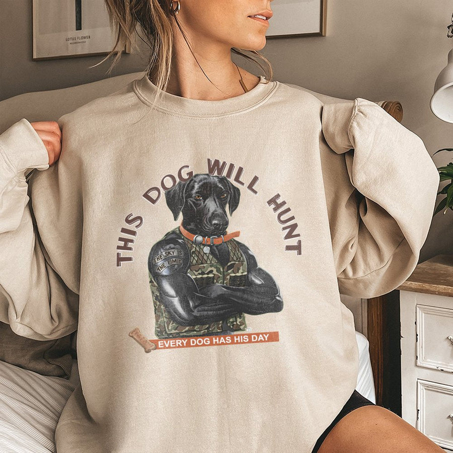 Hunting Dog Sweatshirt | Muscular Labrador Retriever Camo Graphic | Premium Cotton Blend Crewneck | Funny Duck Hunter Gift for Men