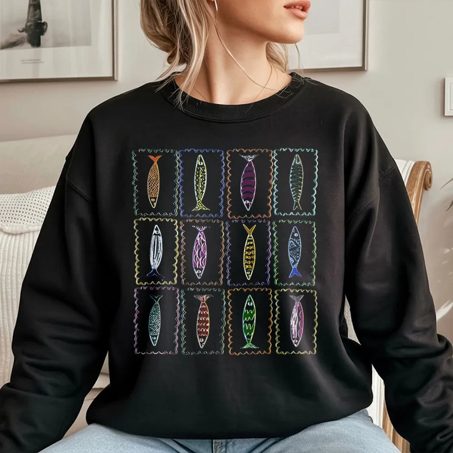 Coastal Fish Print Sweatshirt | Retro Sardine Illustration Design | Cotton Blend Crewneck | Unisex Nature Lover Graphic Gift