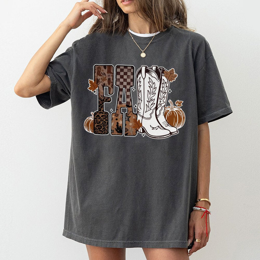 Western Fall T-Shirt | Cowgirl Boots and Pumpkin Design | Premium 100% Cotton | Boho Autumn Aesthetic Gift for Women