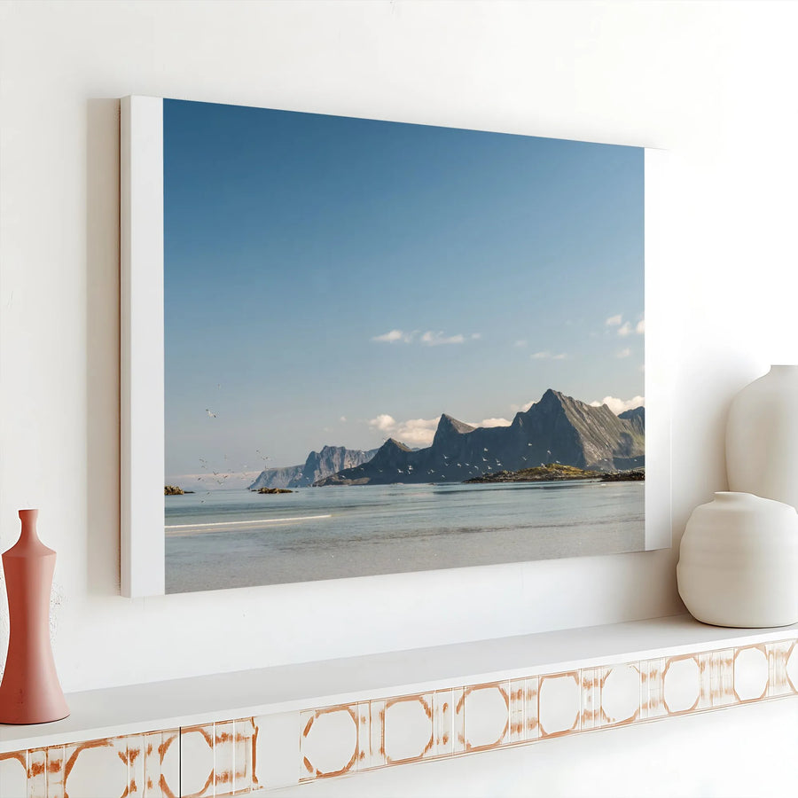 Coastal Seascape Canvas Print | Mountain and Ocean View with Flying Birds | Premium Gallery Wall Art | Limited Edition Nature Photography Gift