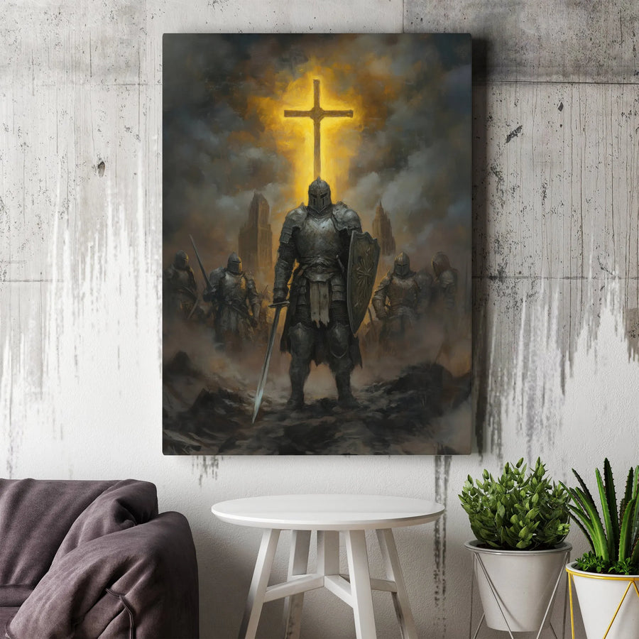 Warrior of God Canvas Wall Art | Christian Knight Templar with Glowing Cross | Premium Gallery Wrap Decor | Spiritual Religious Gift for Men