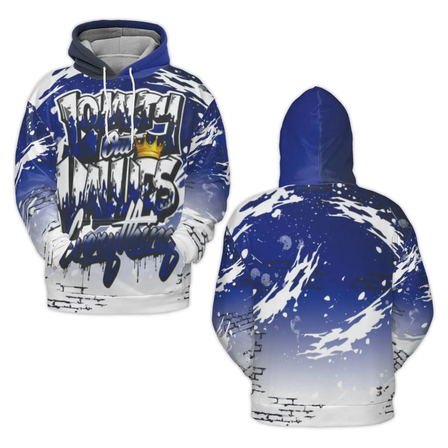 Loyalty Over Everything 3D Hoodie | Streetwear Graffiti Art with Gold Crown | Premium Polyester Fleece | Unisex Urban Graphic Pullover Gift