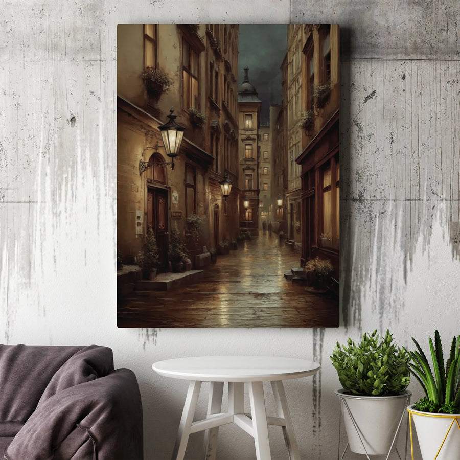 European Street Canvas Print | Rainy Night Old Town Architecture | Gallery Quality Thick Profile | Vintage Aesthetic Home Decor Wall Art