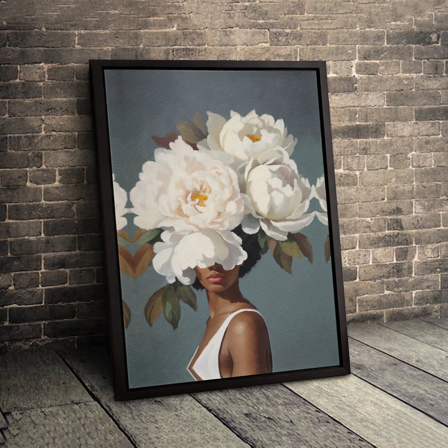 Black Woman Floral Portrait Canvas | White Peony Flower Art Print | Gallery-Quality 1.25" Profile | Modern Aesthetic Home Decor Wall Art