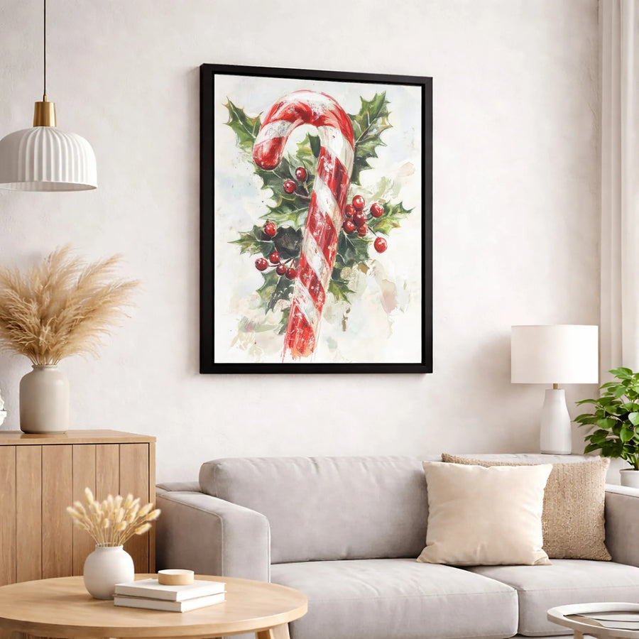 Watercolor Candy Cane Canvas Art | Festive Holly Berries Holiday Wall Decor | Premium 1.25 Inch Gallery Wrap | Christmas Gift For Home
