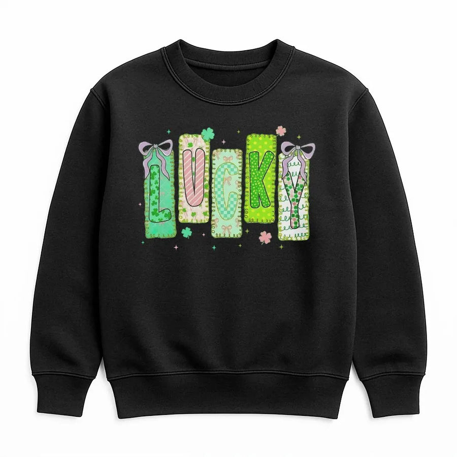 Lucky St. Patrick’s Day Sweatshirt | Patchwork Letter Shamrock Aesthetic | Soft Premium Cotton Blend | Gift for Her Preppy Irish Holiday Outfit