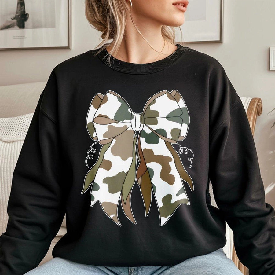 Camo Bow Sweatshirt | Trendy Coquette Aesthetic Graphic Print | Premium Cotton Blend Unisex Crewneck | Cute Fall Gift For Women And Teen Girls
