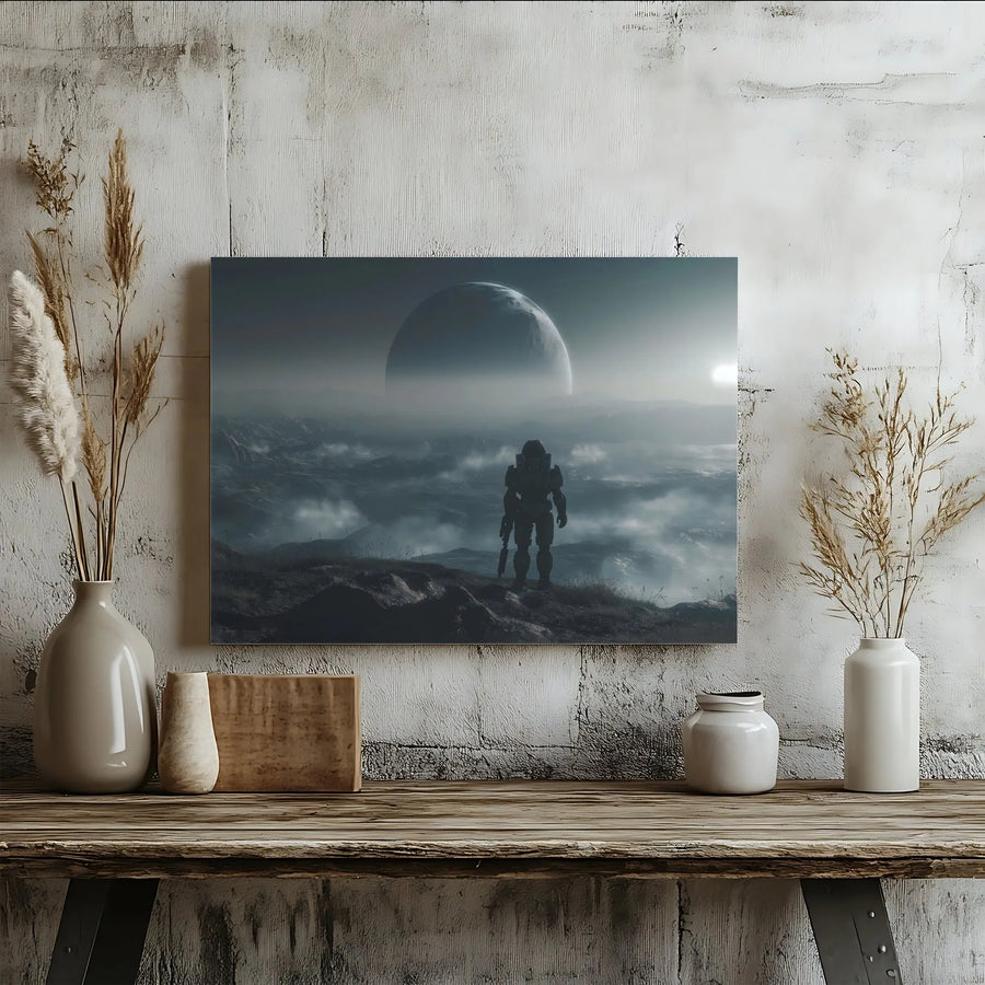 Sci-Fi Soldier Wall Art | Alien Planet Landscape Canvas | 1.25 Inch Gallery Wrap | Gaming Room Decor for Men and Collectors