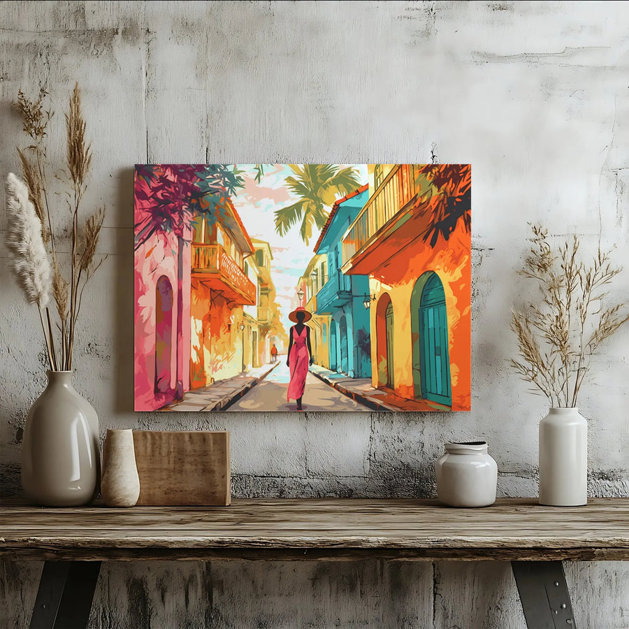 Tropical Street Canvas Art | Vibrant Colorful Town Painting | Premium Gallery Wrap 1.25" Frame | Bohemian Wall Decor for Living Room