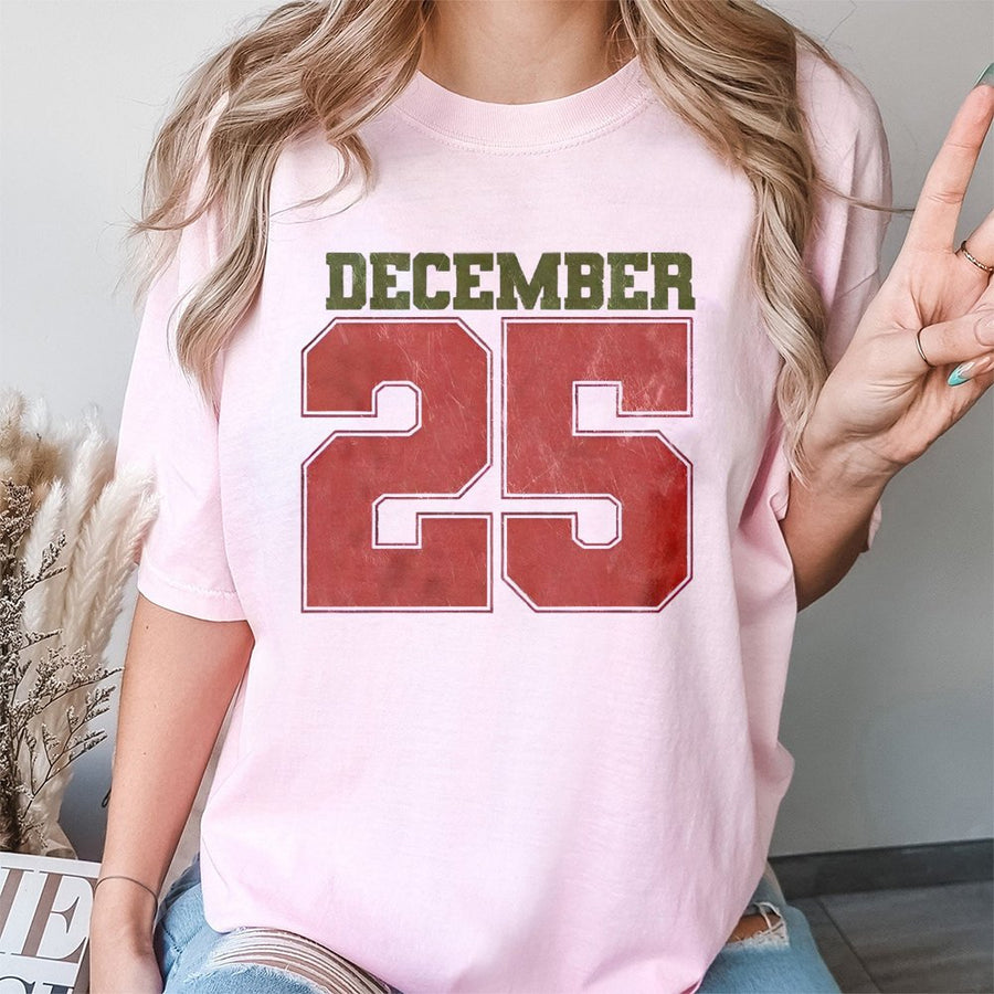 December 25 T-Shirt | Retro Varsity Number Graphic | 100% Cotton Premium Tee | Unisex Holiday Gift for Christmas Morning