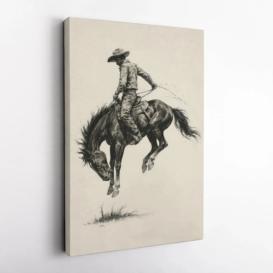 Cowboy Bucking Bronco Canvas Art | Western Rodeo Pencil Sketch Print | Premium Gallery Wrap Wall Decor | Rustic Farmhouse Gift for Him