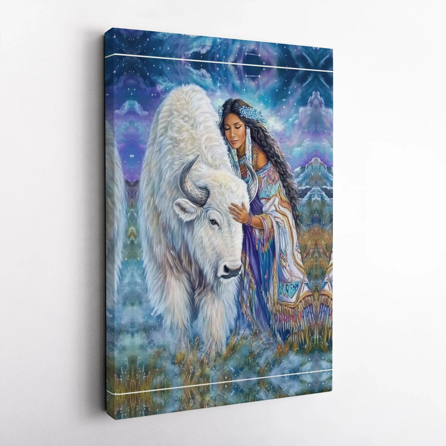 Native American Woman and White Buffalo Canvas | Sacred Spirit Animal Wall Art | Premium Gallery Wrapped Print | Spiritual Home Decor Collector's Gift