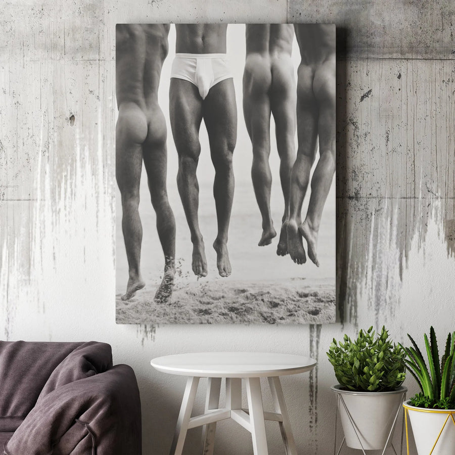 Men Jumping on Beach Canvas | Artistic Black and White Photography Wall Art | Premium Gallery-Wrapped Print | Modern Male Figure Home Decor