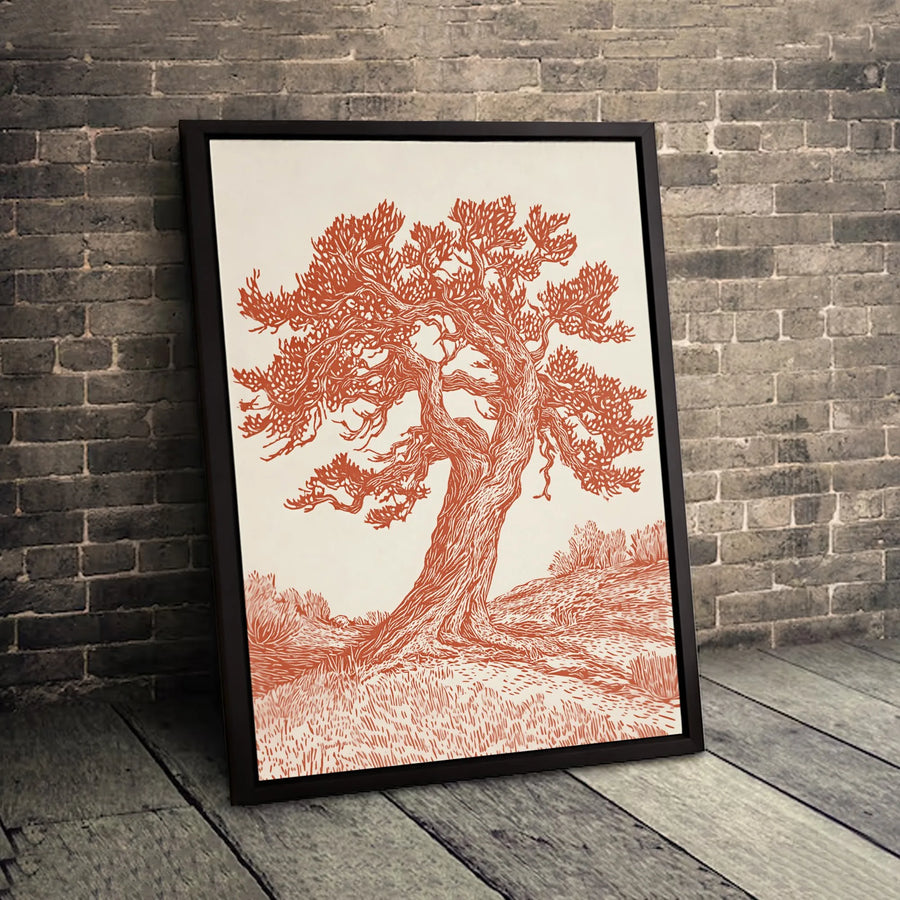 Gnarled Tree Canvas Wall Art | Rustic Linocut Block Print Style | Premium Gallery Wrap Decor | Nature Inspired Gift for Home Office