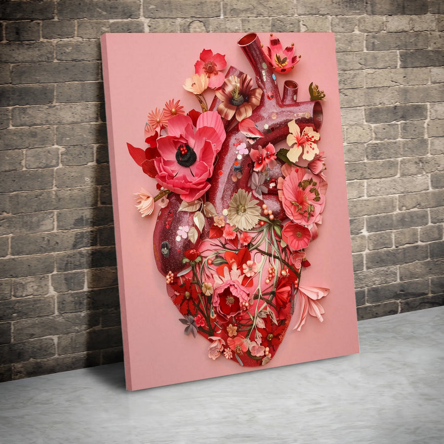Anatomical Heart Wall Art | Floral Papercraft Heart Print | Premium Gallery Wrapped Canvas | Botanical Aesthetic Decor for Home Gift