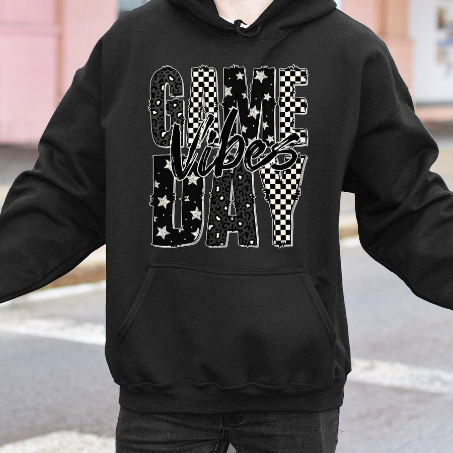 Game Day Vibes Hoodie | Checkered Leopard Print Sport Graphic | Cotton-Blend Premium Apparel | Trendy Gift For Football Mom Fan
