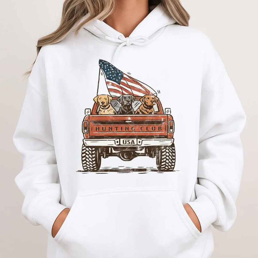 Patriotic Labrador Hoodie | Vintage Hunting Club Truck with USA Flag | Premium Graphic Tee | 4th of July Gift for Dog Lover
