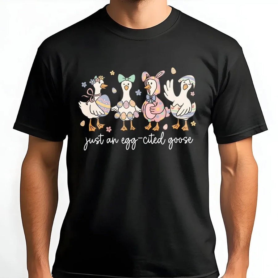 Egg-Cited Goose Easter T-Shirt | Funny Spring Graphic Tee | Premium 100% Cotton | Cute Animal Lover Gift for Women