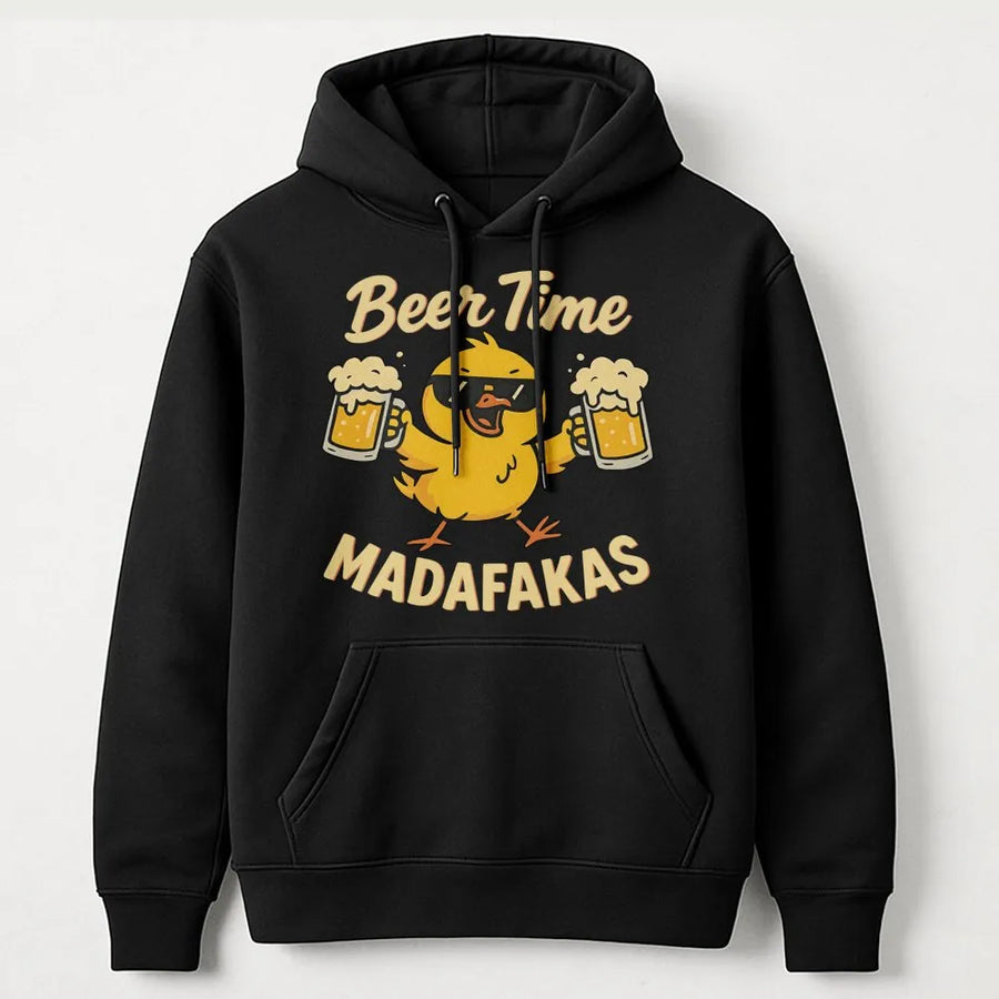 Beer Time Madafakas Graphic Hoodie | Funny Chick Drinking Beer Design | Premium Cotton-Blend Pullover | Sarcastic Gift for Beer Lovers