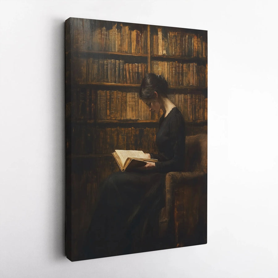 Dark Academia Canvas Art | Woman Reading in Library Vintage Portrait | Premium Gallery Wrap Wall Decor | Gift for Readers & Book Lovers