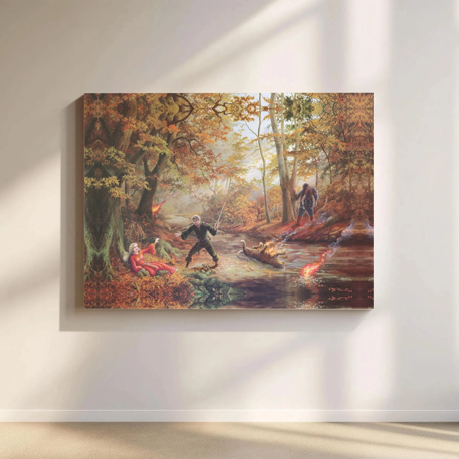 Fantasy Adventure Wall Art | Epic Forest Battle Landscape Print | Premium Gallery Wrapped Canvas | Gift for Fantasy Readers and Book Collectors