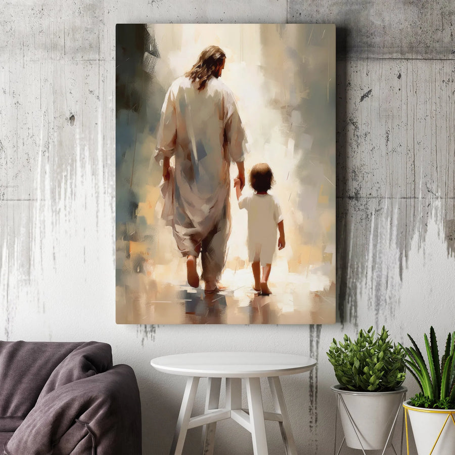 Jesus Walking With Child Canvas Print | Religious Wall Art | Premium Fade-Resistant Gallery Wrap | Christian Home Decor Gift