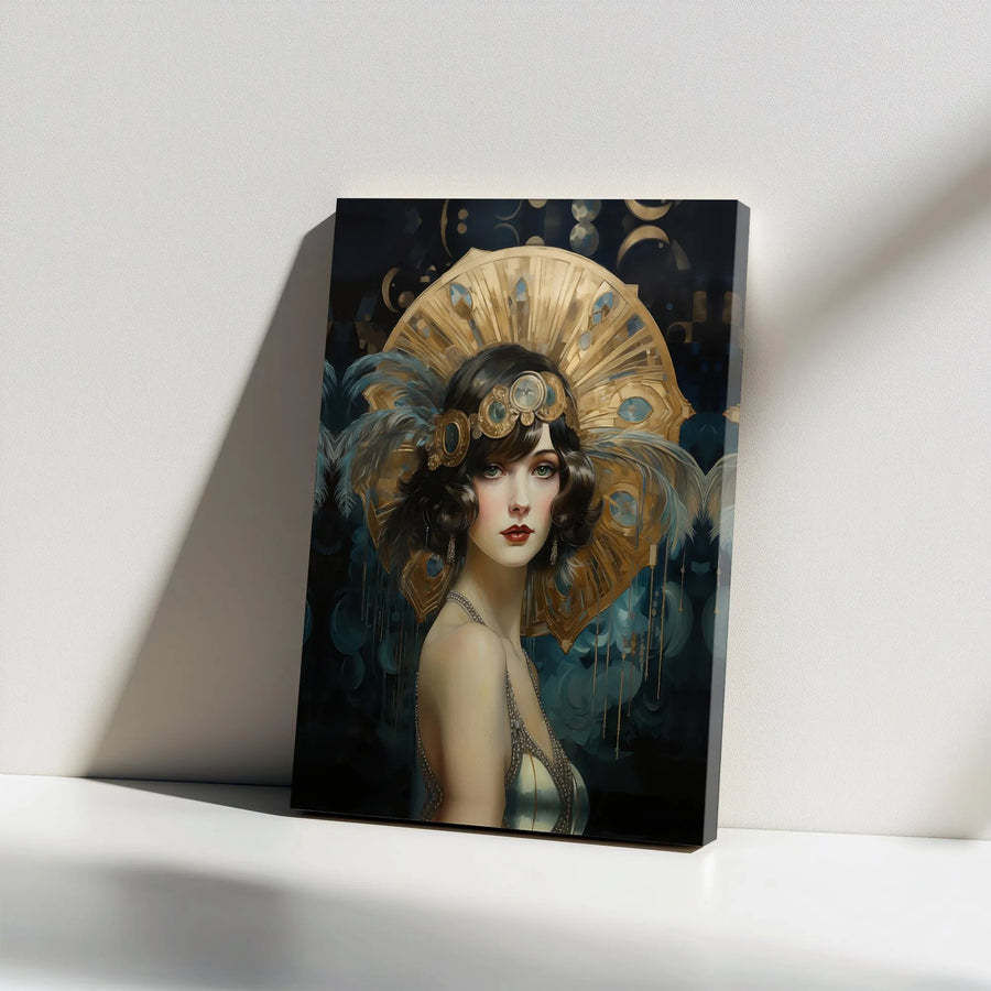 Art Deco Woman Canvas Print | Elegant Flapper Portrait with Gold Headdress | Premium Gallery Canvas | Modern Home Decor Gift