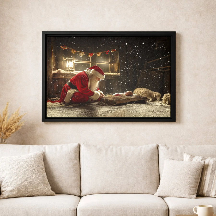 Santa Kneeling at Manger Canvas Art | Christian Nativity Scene Print | Premium Fade-Resistant Gallery Wrap | Religious Christmas Home Decor Gift