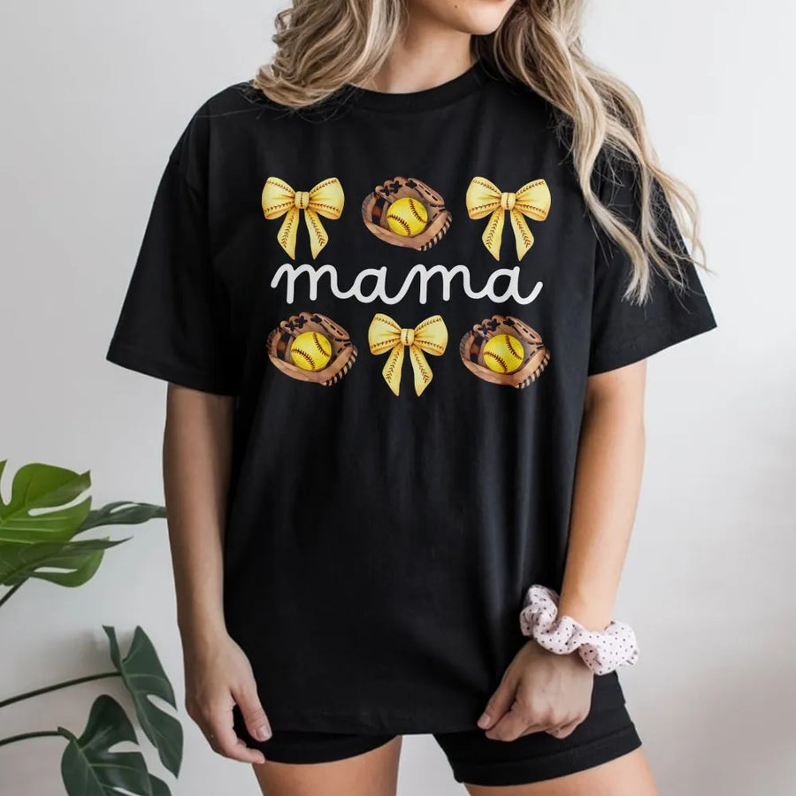 Softball Mama T-Shirt | Coquette Bow and Glove Design | 100% Cotton Premium Tee | Cute Game Day Outfit Gift for Softball Mom