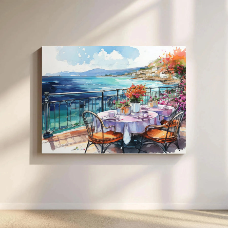 Mediterranean Cafe Canvas Wall Art | Watercolor Coastal Balcony Scene | Premium 1.25-Inch Gallery Wrap | Italian Riviera Home Decor Gift
