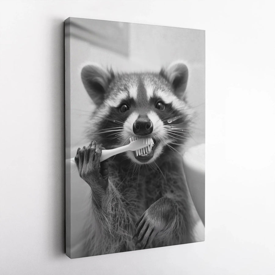 Funny Raccoon Canvas Print | Raccoon Brushing Teeth Art | Premium Thick Gallery Wrap Canvas | Modern Bathroom Decor Gift