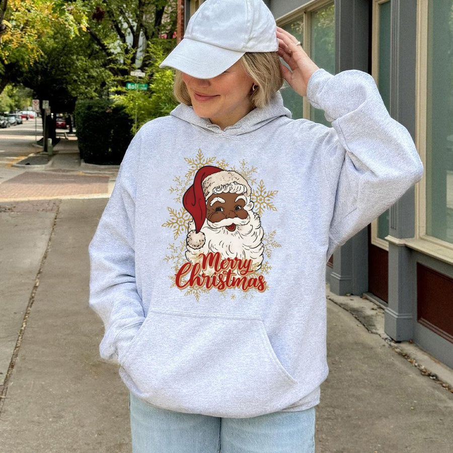 Black Santa Hoodie | African American Santa Claus Graphic | Premium Cotton Blend | Merry Christmas Holiday Gift for Him and Her