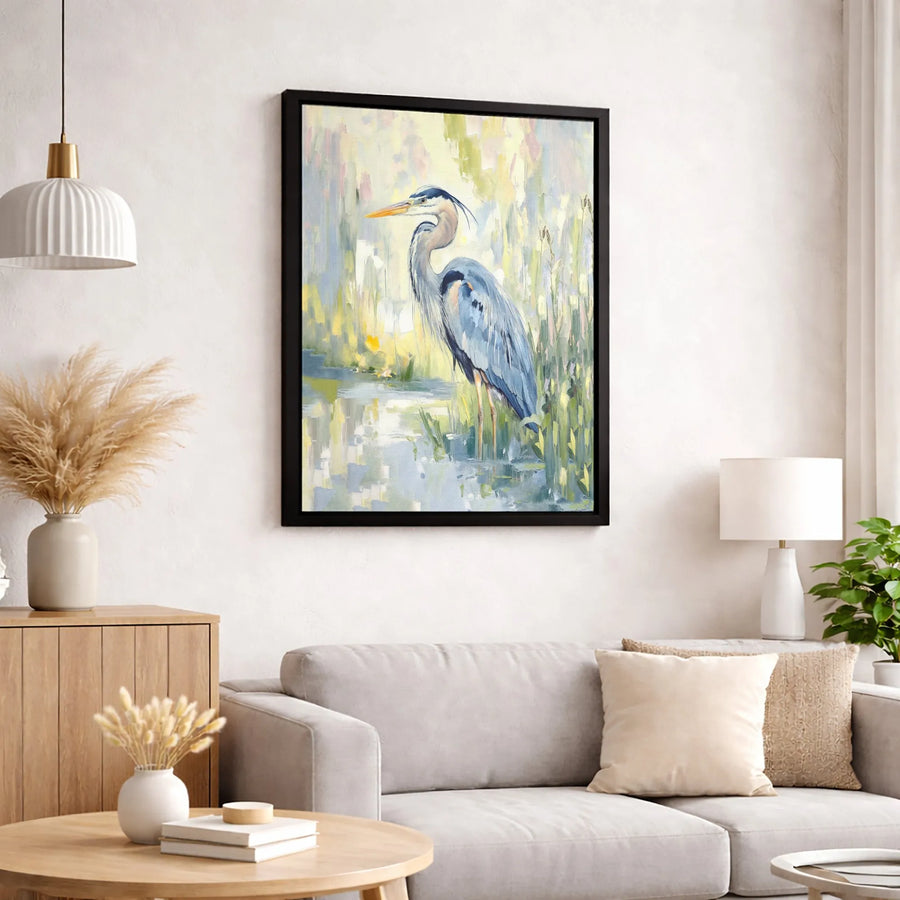 Great Blue Heron Canvas Wall Art | Impressionist Marsh Bird Painting | 1.25-Inch Premium Gallery Wrap | Nature-Inspired Home Decor Gift