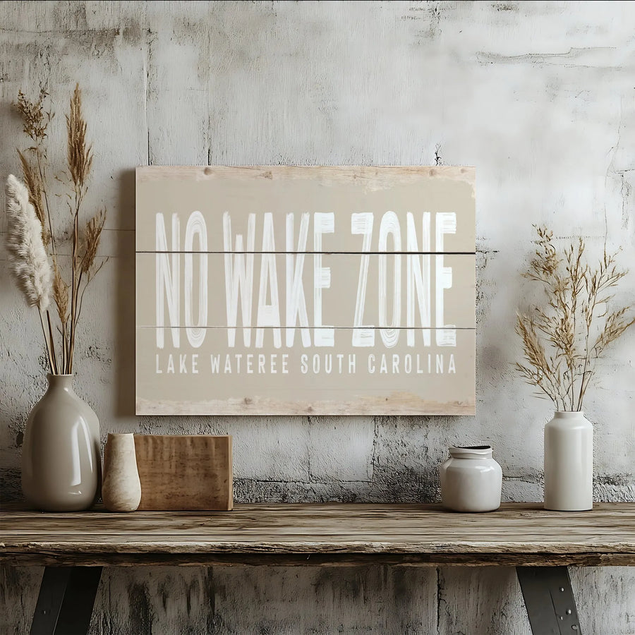 No Wake Zone Canvas Wall Art | Lake Wateree South Carolina Sign with Rustic Wood Plank Design | Premium Canvas Print | Lake House Decor Gift