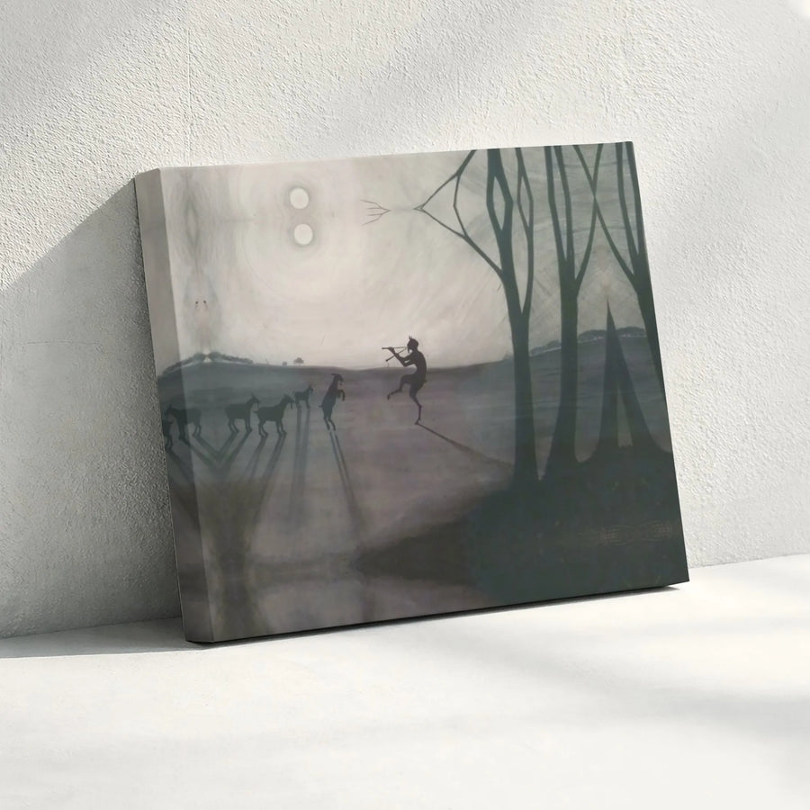 Mythological Faun Playing Flute Wall Art | Silhouette Goat Canvas Print | 1.25-inch Premium Gallery Wrap | Nature Fantasy Home Decor Gift