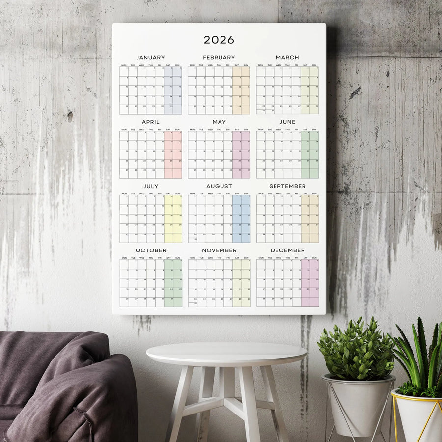 2026 Wall Calendar Canvas Print | Minimalist Pastel Full Year Planner | Premium Gallery Wrap 1.25" Profile | Home Office Organization Gift