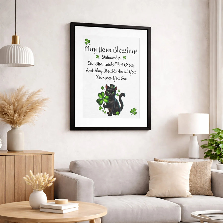 St. Patrick's Day Wall Art | Lucky Black Cat Shamrock Blessing | Premium Canvas Print | Home Decor Gift for Cat Lovers