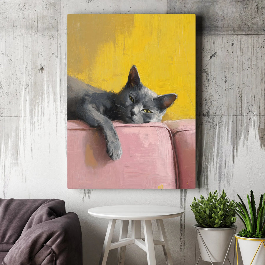 Grey Cat Oil Painting Print | Relaxing Pet Wall Art | 1.25-Inch Premium Gallery Canvas | Aesthetic Home Decor Gift for Cat Lovers
