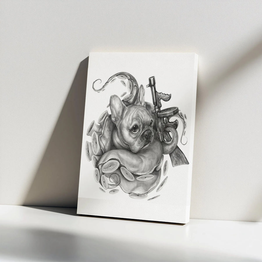 Gangster French Bulldog Vertical Canvas | Surreal Octopus Dog Pencil Sketch | Premium Gallery Wrapped Canvas | Unique Collector's Gift for Frenchie Owner