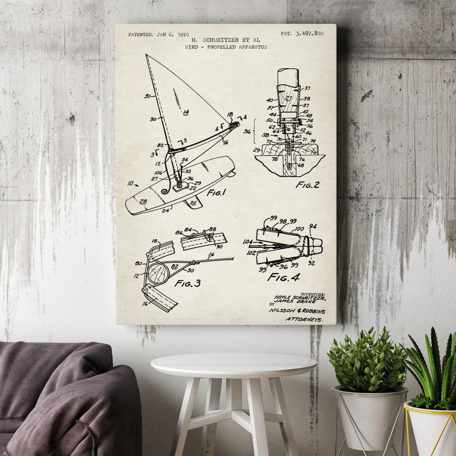 Windsurfer Patent Wall Art | 1970 Wind Propelled Apparatus Technical Drawing | Premium Gallery Wrap Canvas | Vintage Nautical Decor Gift For Sailors