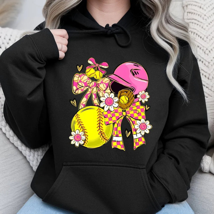 Softball Coquette Hoodie | Floral Bow Graphic Sport Aesthetic | Premium Cotton Blend | Gift for Softball Mom and Player