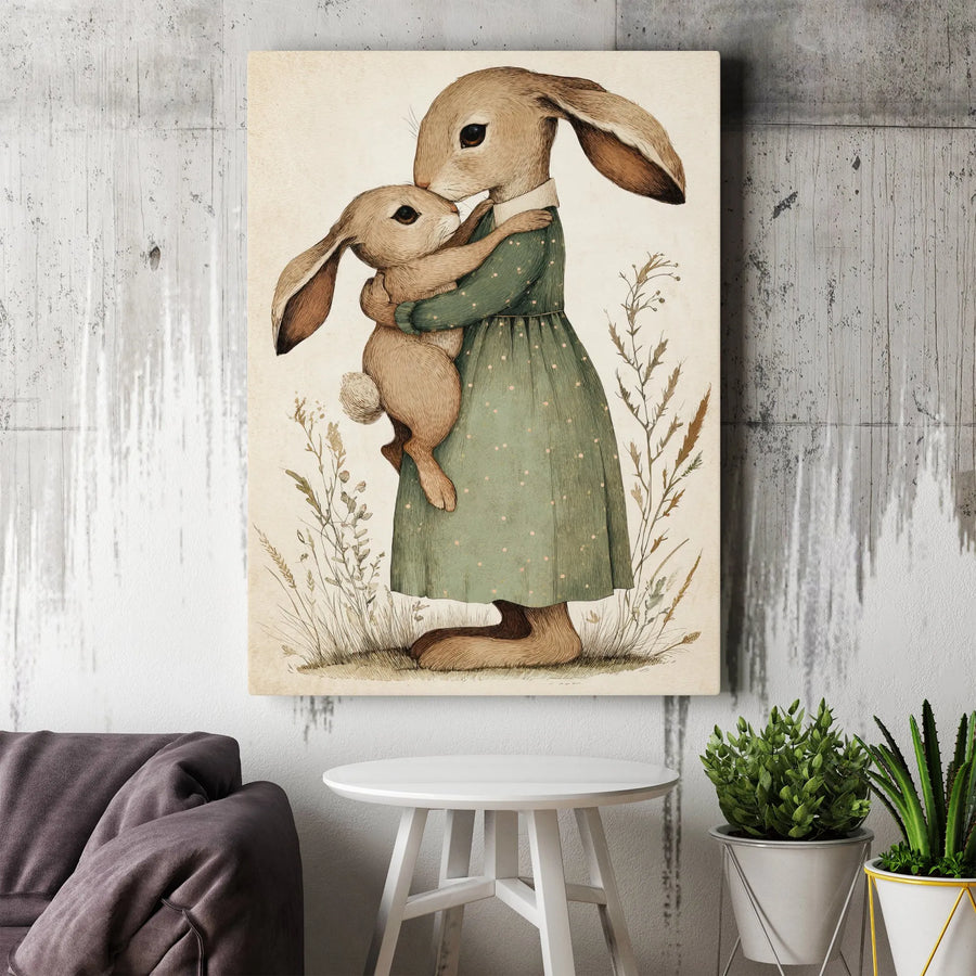 Mother Rabbit and Baby Bunny Canvas | Whimsical Animal Illustration | Premium Gallery Wrap Wall Art | Nursery Decor Gift for Mom