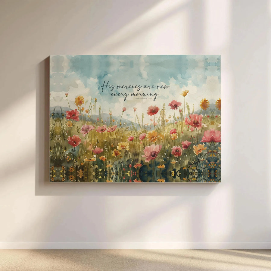 His Mercies Are New Every Morning Wall Art | Wildflower Watercolor Print | Premium Gallery Wrap Canvas | Christian Home Decor Gift