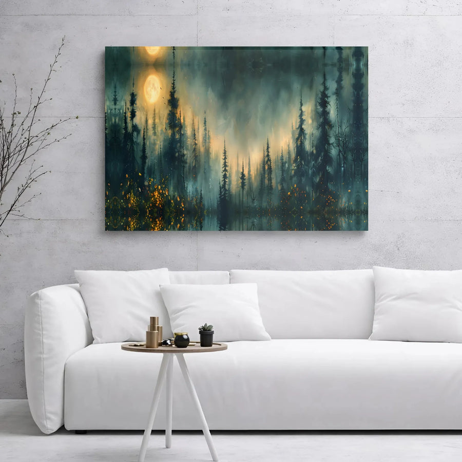 Misty Forest Landscape Canvas | Moody Two Moon Night Reflection Art | Premium Gallery Wrapped Wall Decor | Atmospheric Nature Gift for Home