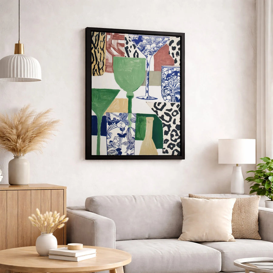 Abstract Cocktail Wall Art | Leopard Print & Floral Martini Glasses | Gallery Quality 1.25" Canvas | Modern Bar Decor Gift for Home