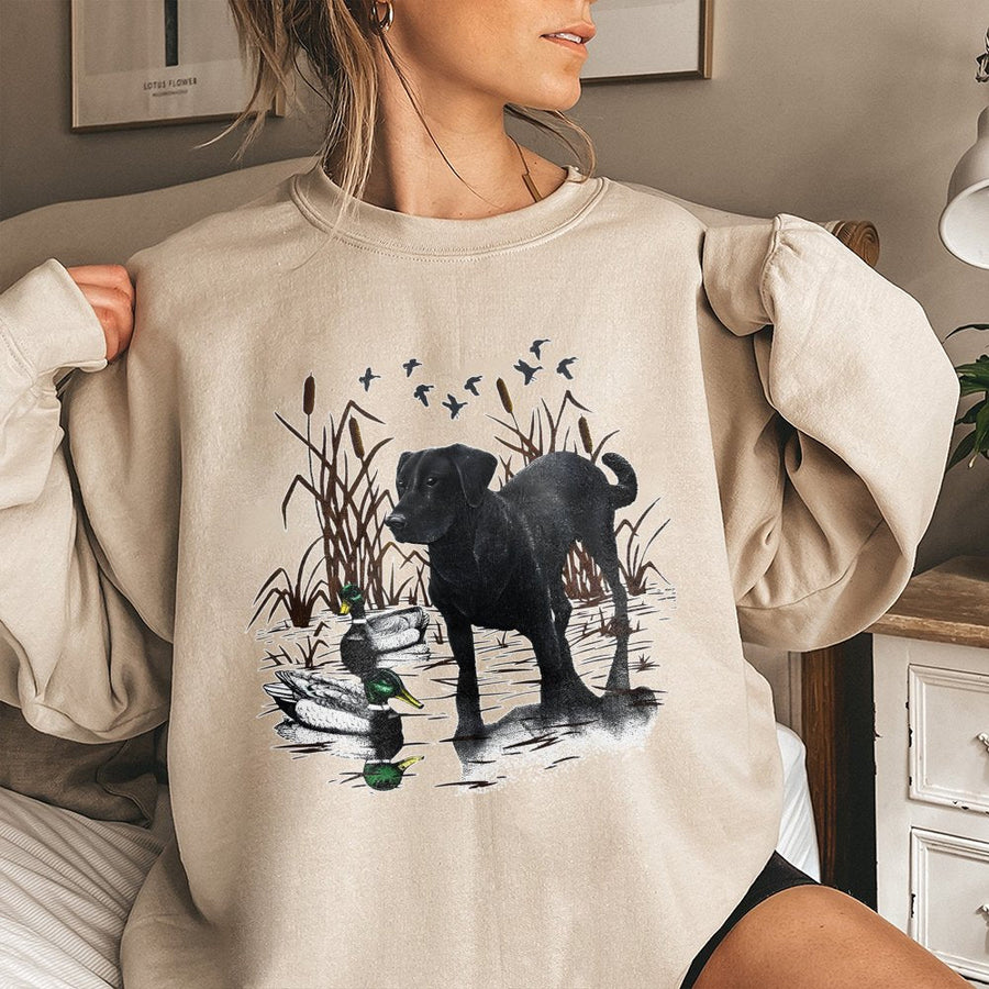 Black Labrador Retriever Sweatshirt | Duck Hunting Nature Graphic | Premium Cotton Blend | Gift for Dog Lover and Outdoorsman