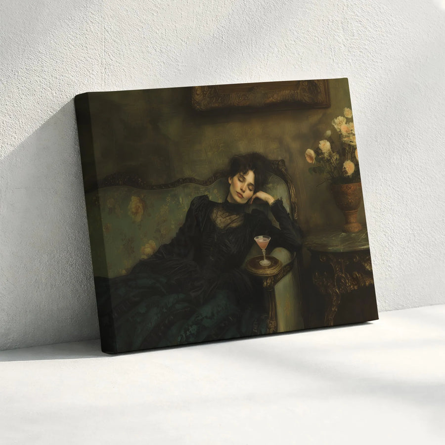 Vintage Classical Art Canvas Print | Sleeping Woman With Pink Cocktail | Gallery Quality 1.25 Inch Wrap | Moody Home Decor Gift
