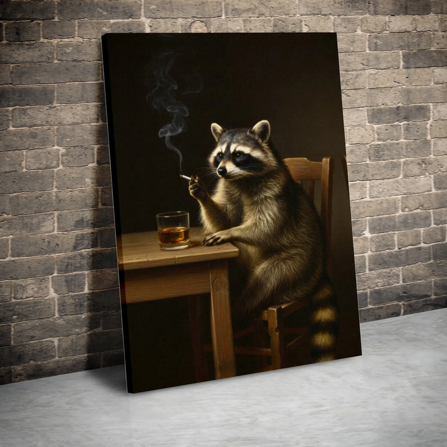 Smoking Raccoon Canvas Print | Gentleman Raccoon with Whiskey & Cigarette | Premium Framed Matte Canvas | Man Cave Decor & Unique Bar Gift
